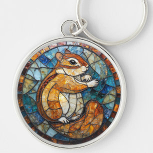 Cheerful Chipmunk Colourful Stained Glass Art Key Ring