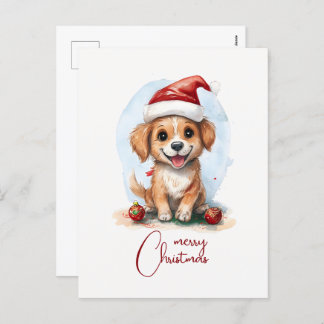 Cheerful Christmas Dog with Santa Hat and Ornament Holiday Postcard