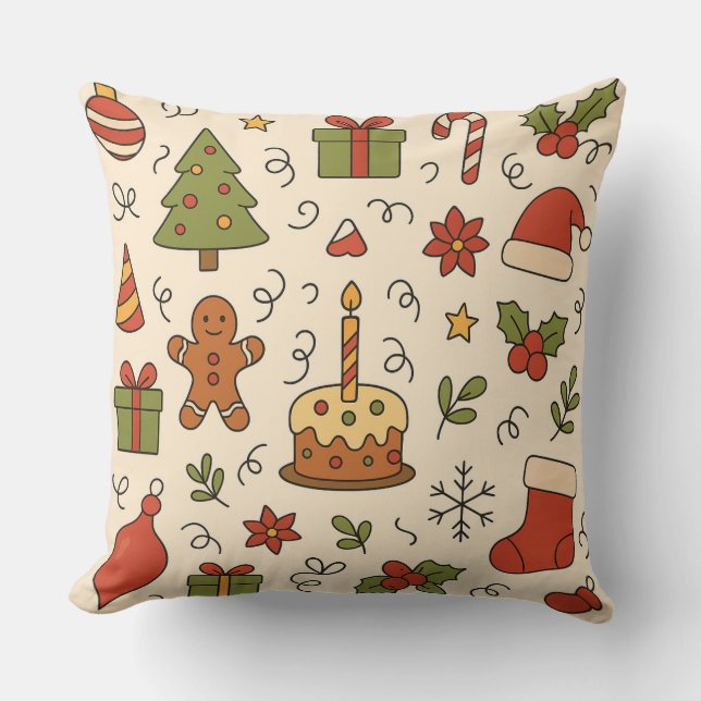 Cheerful Christmas Doodle Pattern Cushion (Front)