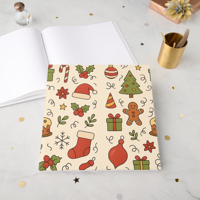 Cheerful Christmas Doodle Pattern Guest Book (Front Open)