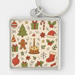 Cheerful Christmas Doodle Pattern Key Ring