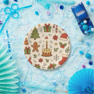 Cheerful Christmas Doodle Pattern Paper Plate