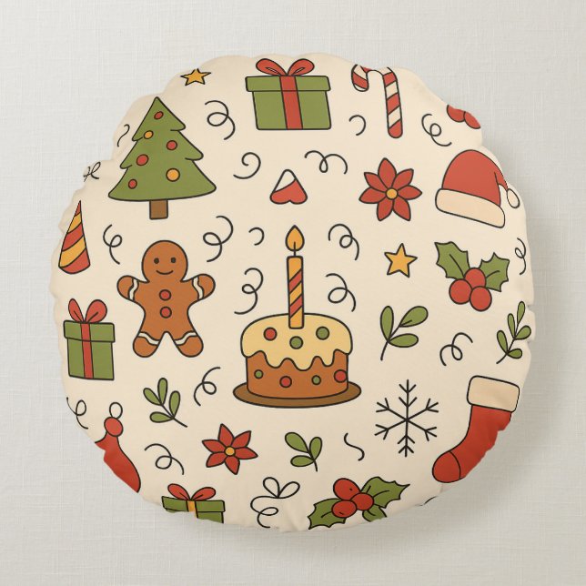 Cheerful Christmas Doodle Pattern Round Cushion (Front)