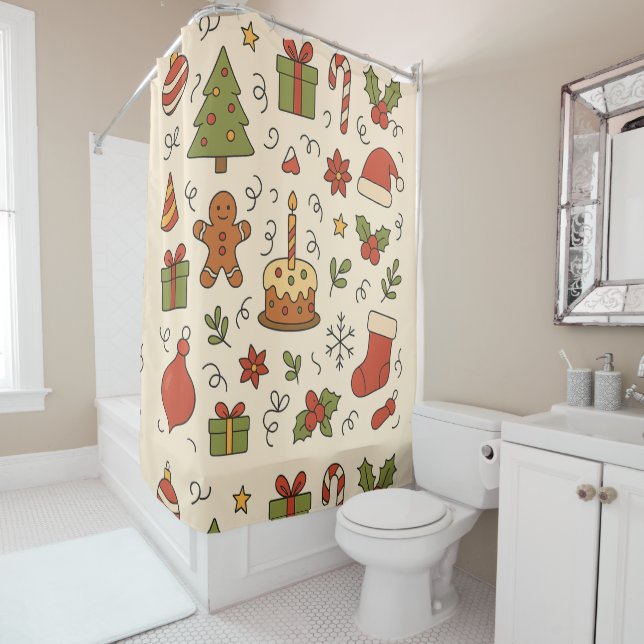Cheerful Christmas Doodle Pattern Shower Curtain (In Situ)