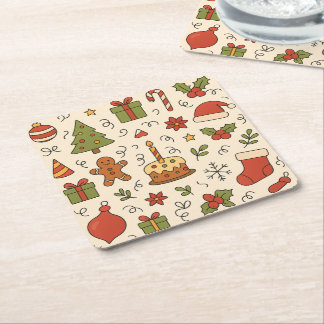 Cheerful Christmas Doodle Pattern Square Paper Coaster