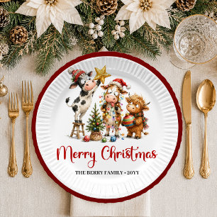 Cheerful Christmas funny cow red green christmas p Paper Plate
