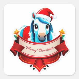 Cheerful Christmas Horse with banner Square Sticker