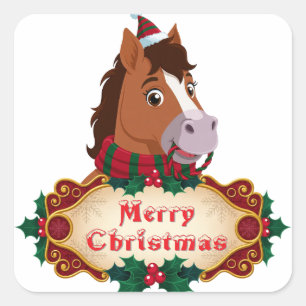 Cheerful Christmas Horse with banner Square Sticker