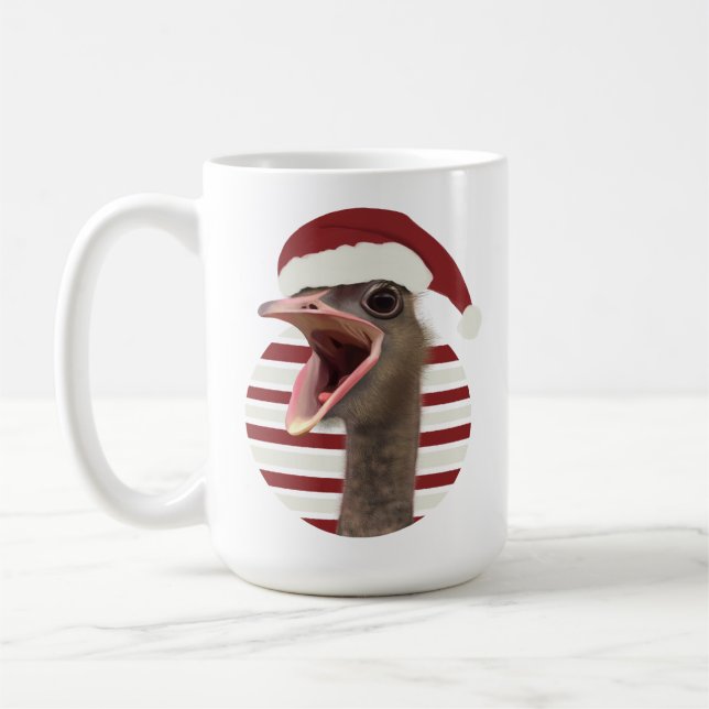 Cheerful Christmas Ostrich With Santa Hat Coffee Mug (Left)