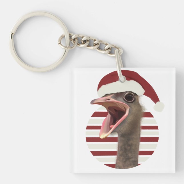 Cheerful Christmas Ostrich With Santa Hat Key Ring (Front)