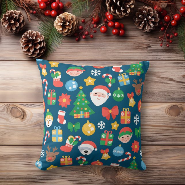 Cheerful Christmas Pattern on Blue Cushion (Creator Uploaded)