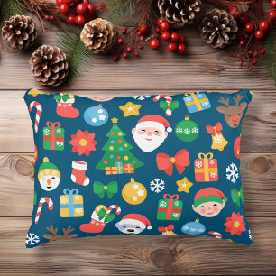 Cheerful Christmas Pattern on Blue Decorative Cushion