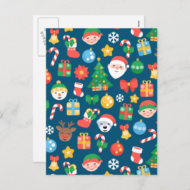 Cheerful Christmas Pattern on Blue Holiday Postcard (Front/Back)