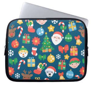 Cheerful Christmas Pattern on Blue Laptop Sleeve