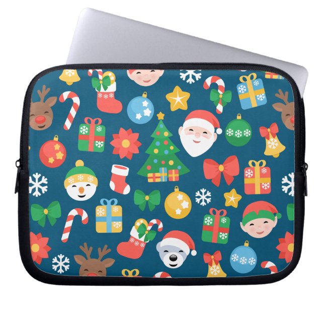 Cheerful Christmas Pattern on Blue Laptop Sleeve (Front)