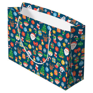 Cheerful Christmas Pattern on Blue Large Gift Bag