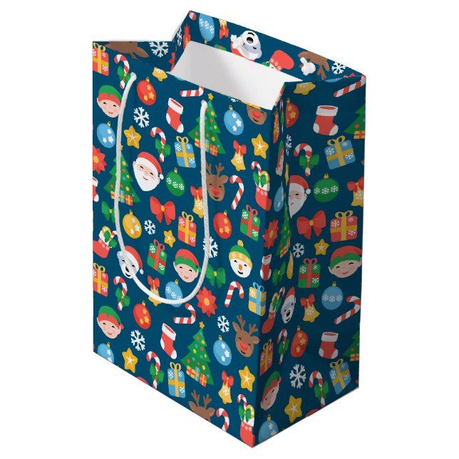 Cheerful Christmas Pattern on Blue Medium Gift Bag (Back Angled)