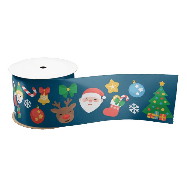 Cheerful Christmas Pattern on Blue Satin Ribbon (Spool)