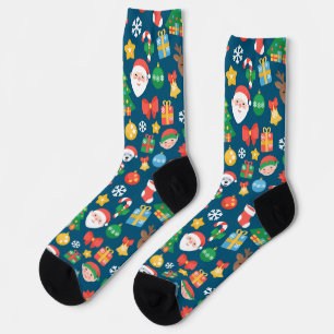 Cheerful Christmas Pattern on Blue Socks