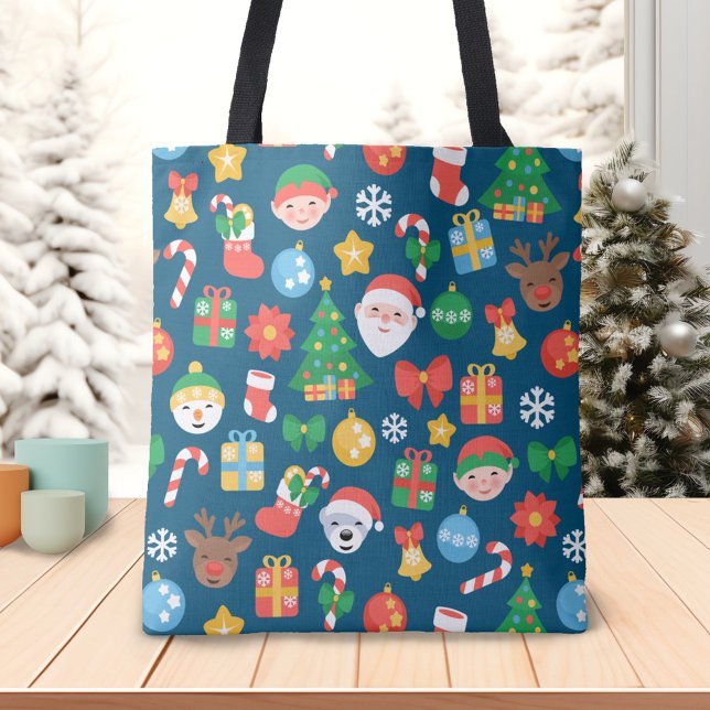 Cheerful Christmas Pattern on Blue Tote Bag (Creator Uploaded)