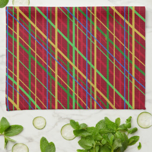 Cheerful Christmas Plaid in Red and Green Stripes Tea Towel