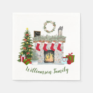 Cheerful Christmas Scene Fireplace Family Name   Napkin