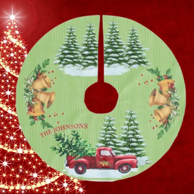 Cheerful Christmas Scene Trees Snow Truck Name Brushed Polyester Tree Skirt (Creator Uploaded)