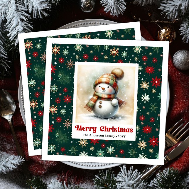 Cheerful Christmas Snowman Napkins Custom Name  (Bright funny snowman watercolor kids napkins)