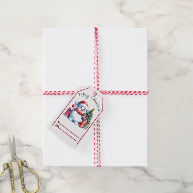 Cheerful Christmas tag with a snowman and gifts (With Twine)