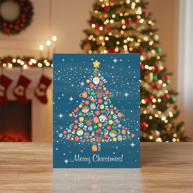 Cheerful Christmas Tree Pattern on Blue Holiday Postcard (Creator Uploaded)