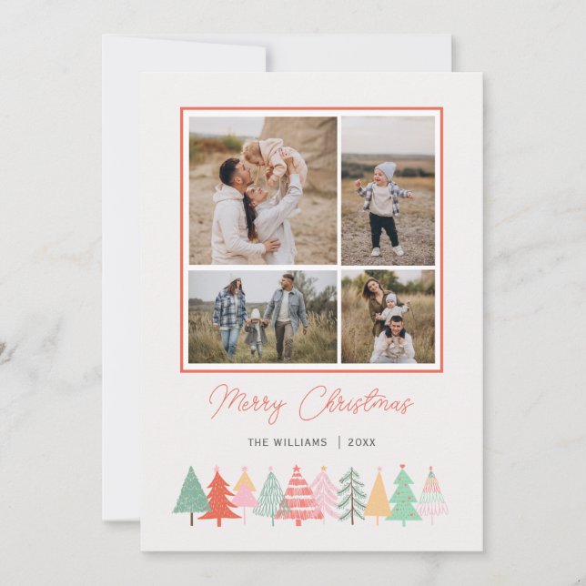 Cheerful Christmas Trees Cosy 4 Photo Holiday Card (Front)