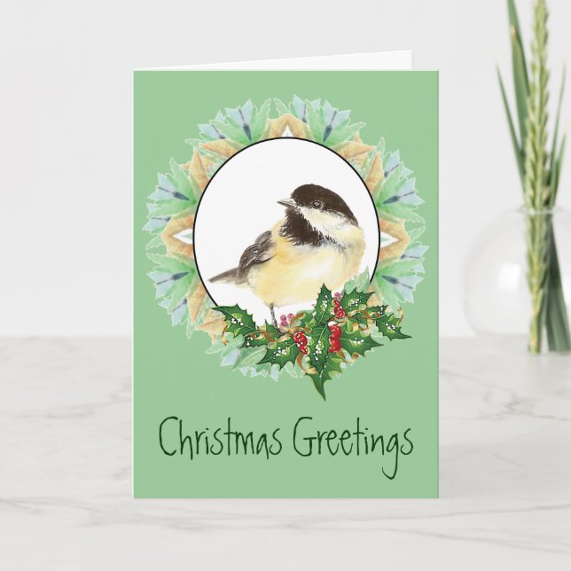 Cheerful Christmas Watercolor Chickadee Bird Holly Holiday Card (Front)