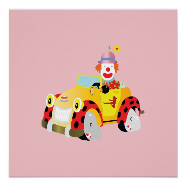cheerful clown drives a whimsical yellow car  poster (Front)