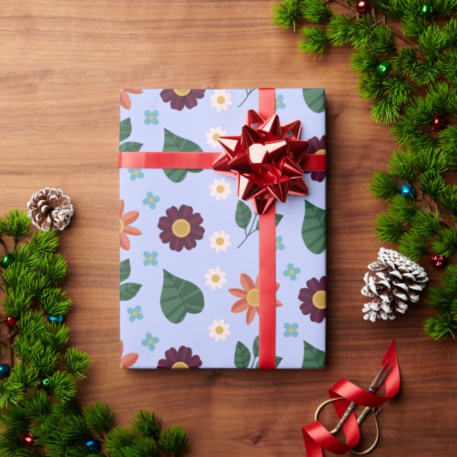 Cheerful Colorful Blue Pink Maroon Floral Wrapping Paper (Holiday Gift)