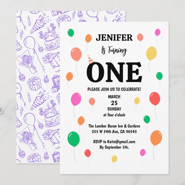 cheerful colourful balloon birthday invitation (Front/Back)