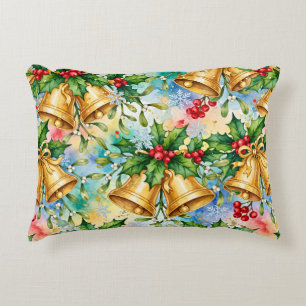 Cheerful Colourful Christmas Gold Bells Holly Decorative Cushion
