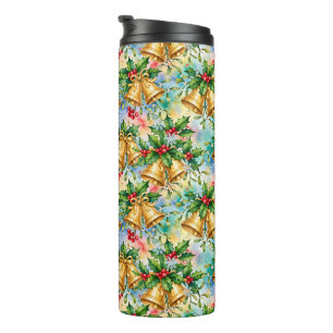 Cheerful Colourful Christmas Gold Bells Holly Thermal Tumbler
