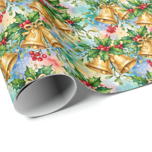 Cheerful Colourful Christmas Gold Bells Holly Wrapping Paper