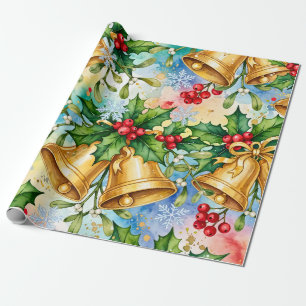 Cheerful Colourful Christmas Gold Bells Holly Wrapping Paper