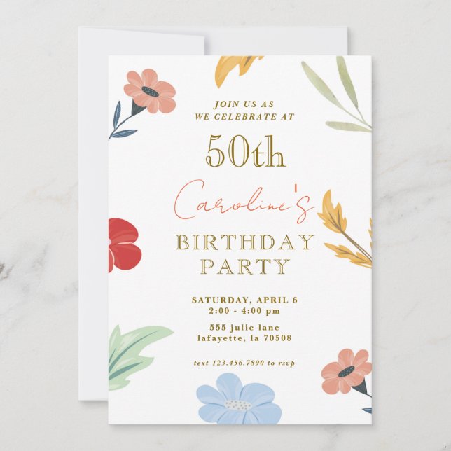 Cheerful Colourful Floral 50th Birthday Invitation (Front)