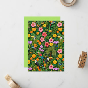 Cheerful Colourful Jungle Birds Tropical Flowers Card