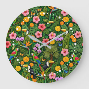 Cheerful Colourful Jungle Birds Tropical Flowers Large Clock