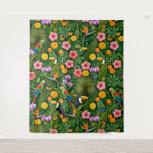 Cheerful Colourful Jungle Birds Tropical Flowers Tapestry