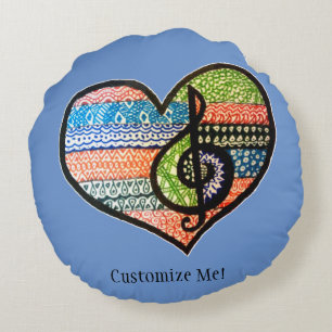 Cheerful Colourful Rainbow Music Heart Round Cushion