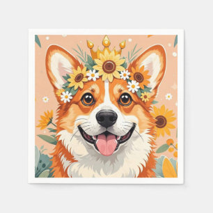 Cheerful corgi dog crown of daisies and sunflowers napkin