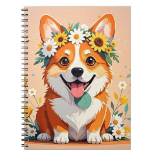 Cheerful corgi dog crown of daisies and sunflowers notebook