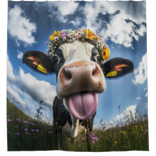 Cheerful Cow in Bloom Shower Curtain
