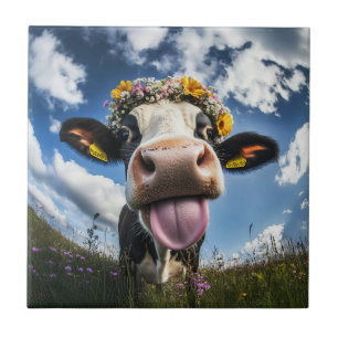 Cheerful Cow in Bloom Tile