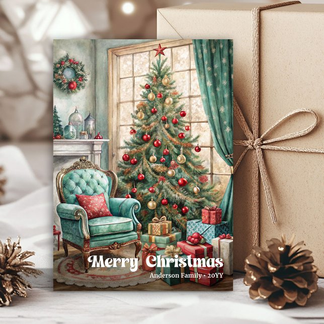 Cheerful cozy Christmas interior rustic red green Holiday Card (Cheerful cozy Christmas interior rustic red green Holiday Card)