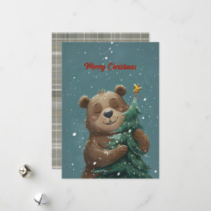 Cheerful Cute Bear Hugging Christmas Tree Holiday Card